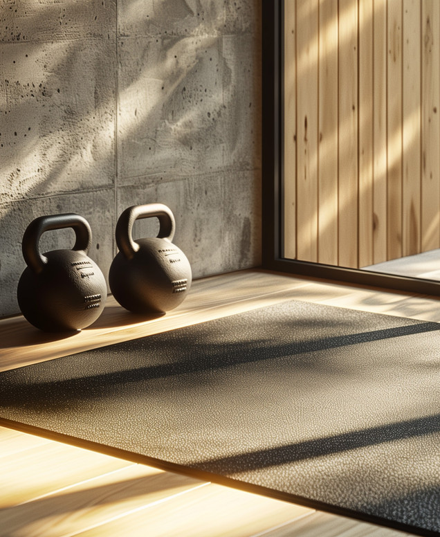 Zwei Kettlebells und eine Trainingsmatte im sonnenbeschienenen Gymnastikraum